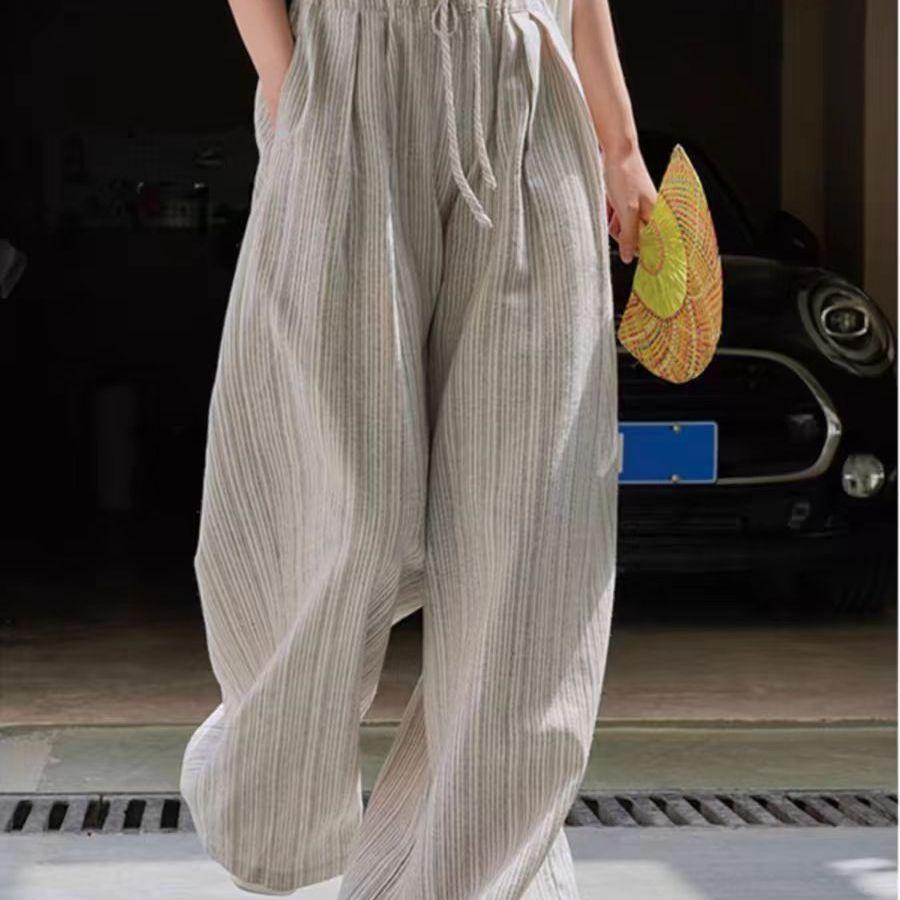 

Полосатые широкие брюки свободного кроя в японском стиле для женщин - Летние винтажные минималистичные солнцезащитные брюки, стройнящие, повседневные, длиной до пола L