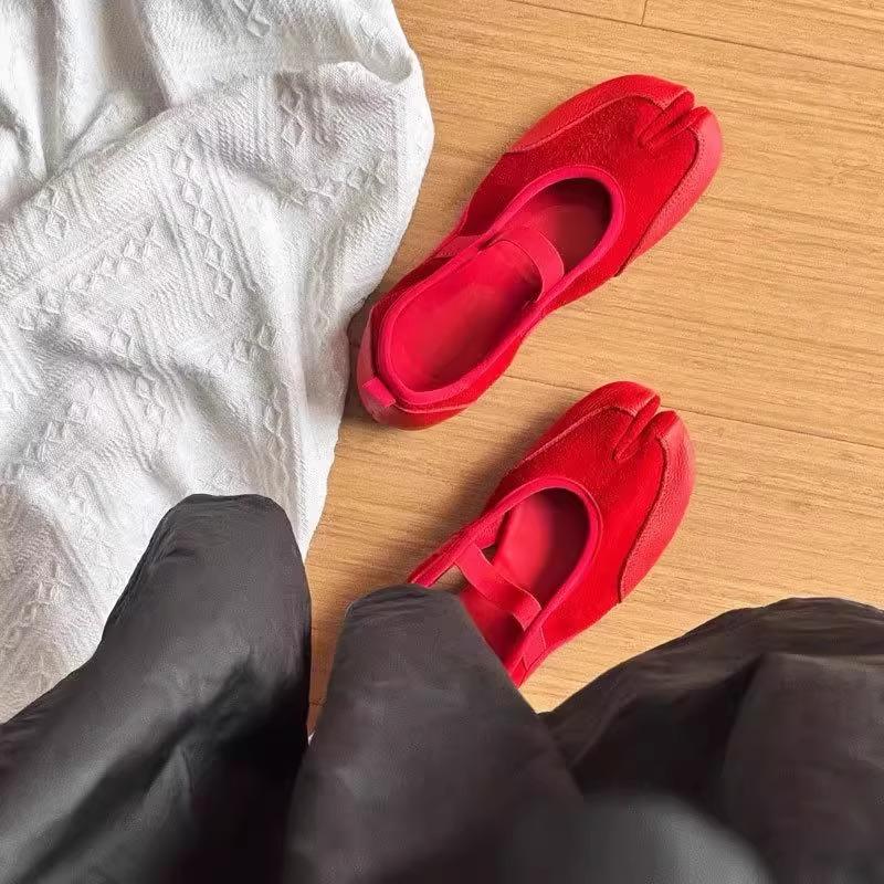 Rindsleder~ Echtes Leder Koreanisch ein Wort mit Ballerina Zehenschuhen, flache Sohle, flache einfarbige Schuhe, Damen elas