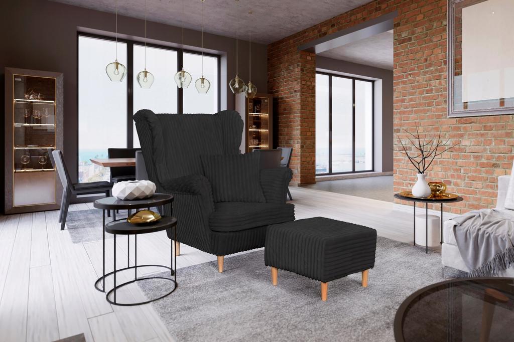 Fotel uszak Rene z podnóżkiem skandynawski Family Meble szary sztruks