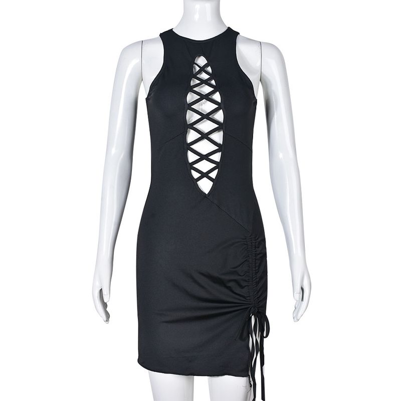 

Sexy Goddess Summer New Personalized Sexy Ribbon Drawstring Cut Out round Neck Sleeveless Dress 9126 Women Black(Stretch fabric 48 hours delivery) S