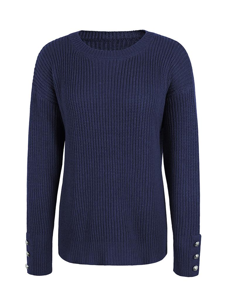 New Arrival Buttoned Women's Knit Sweater Loose Round Neck Casual Pullover