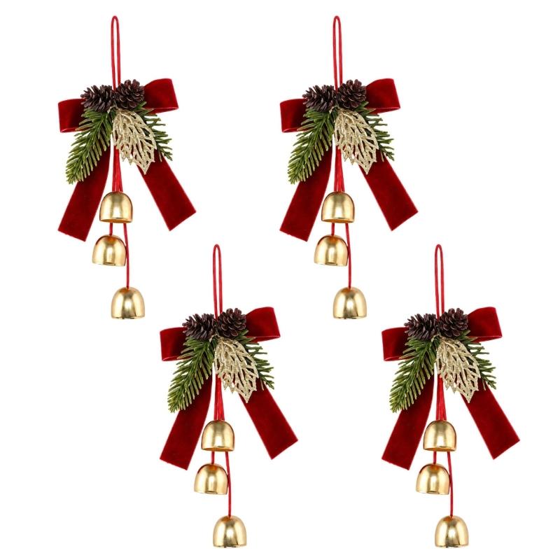 Christmas Tree Decoration Set of 4 Bowknot Bells Ornament with Pinecones, Foliage, Gilded Leaves, and Hanging Cord