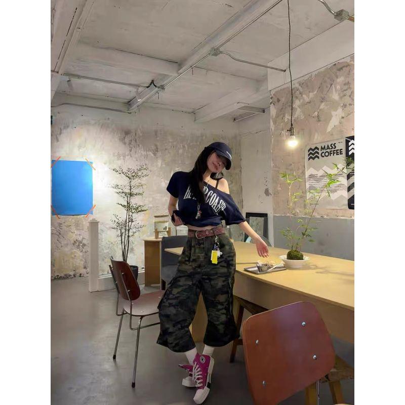 

Plus Size Women s off-Shoulder Letter Print American Retro Style T-shirt Summer New Arrival 2025 Fancy Tops Dark blue M [Suggested 40.00 kg-50.00 kg]]