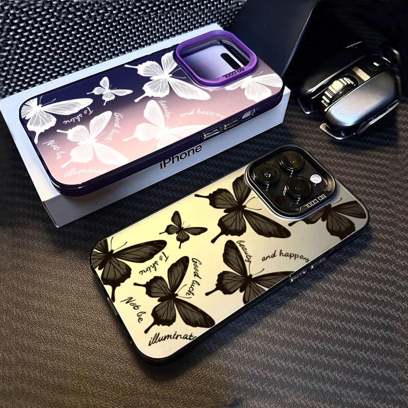 Case For iPhone 15 14 13 12 11 Pro Max 11 12 Pro XR XS X 7 8 Plus Shockproof Protect Cover Silvery IMD Fashion Butterfly Fundas