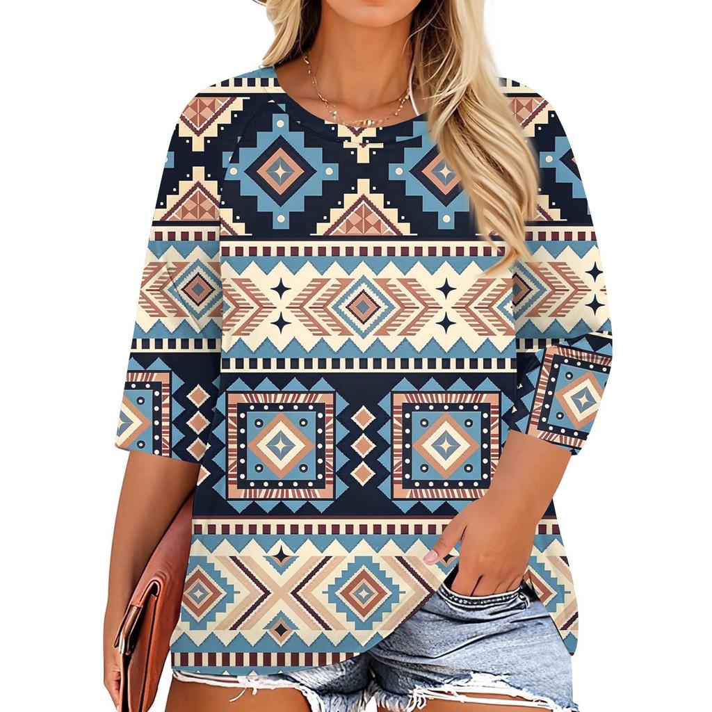 T-shirt Casual da Donna con Stampa, Girocollo, Manica 3/4