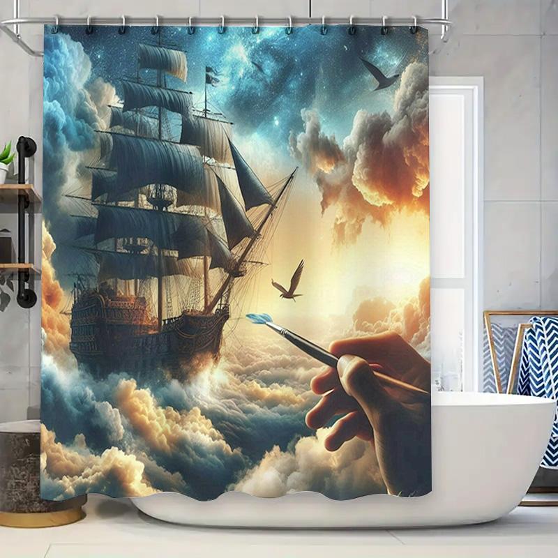Fantasy Voyage Shower Curtain Nautical Sailboat Clouds Print Bathroom Decor Waterproof Fabric 180x240cm 90x180cm