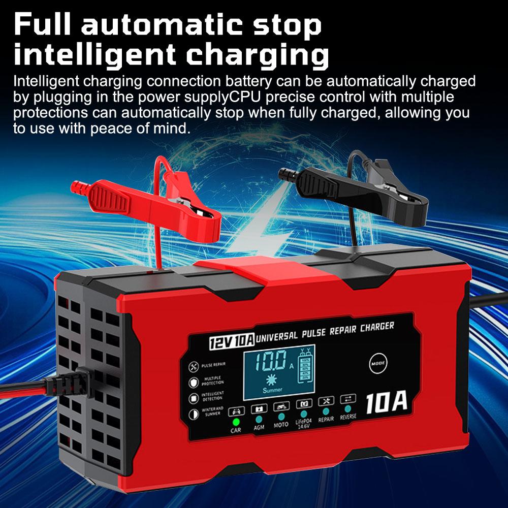 Car Battery Charger Multiple Protection 14.6V 10A Iron Lithium Charger Pulse Repair 12V 10A Smart Battery Charging EU/US Plug Digital LCD Display