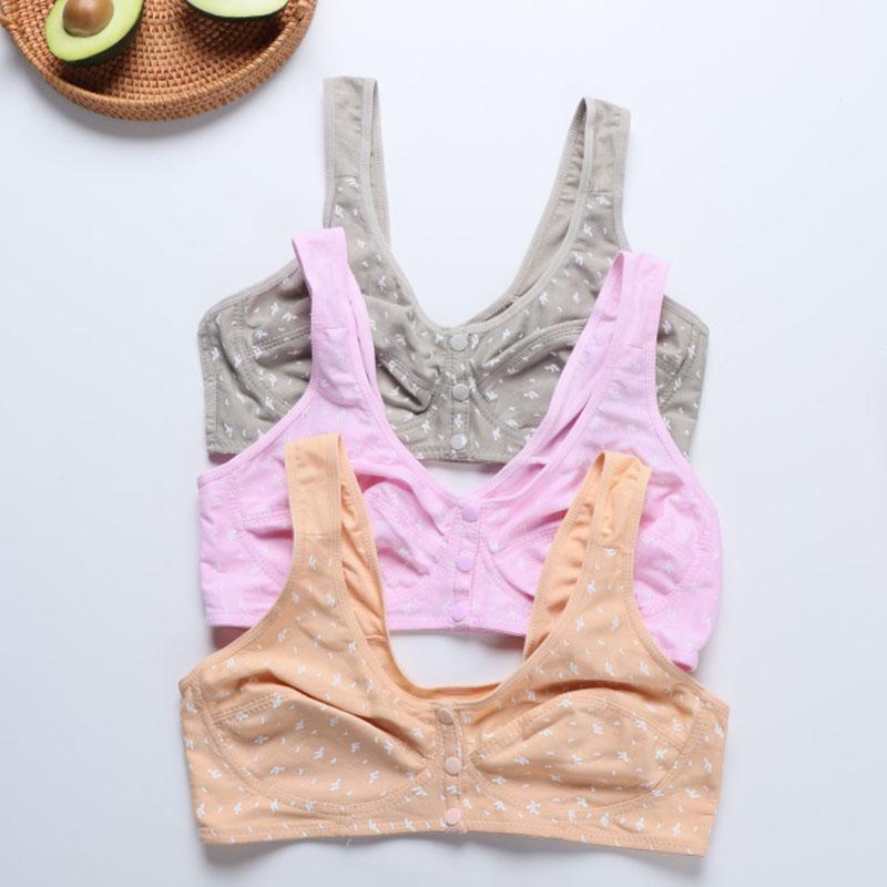 Printed Underwire Cotton Underwear Without Steel Ring Front Opening Buckle Lightweight Breathable Mom's Wide Shoulder Strap Vest Simple Casual