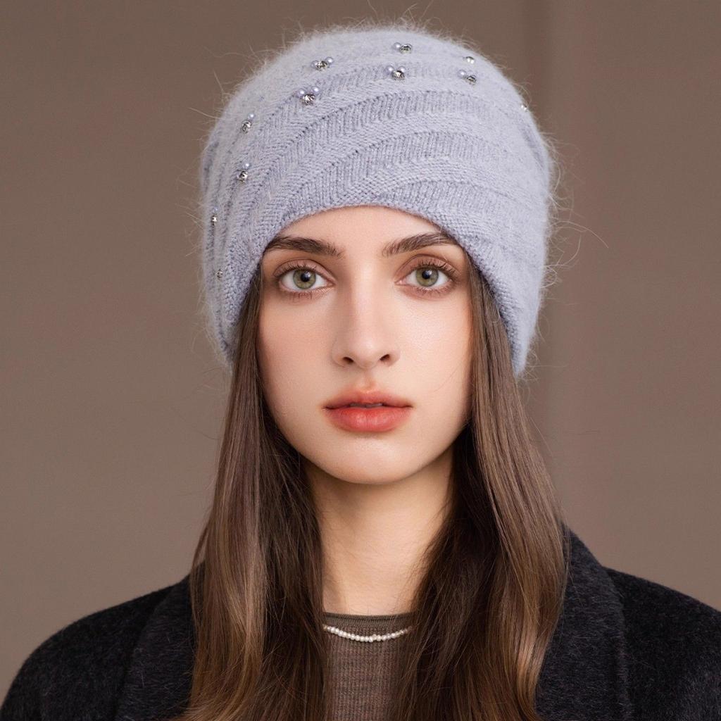 Women S Double Layer Knit Hat Warm Winter Beanie Pearl Glitter Rabbit Hair Blend
