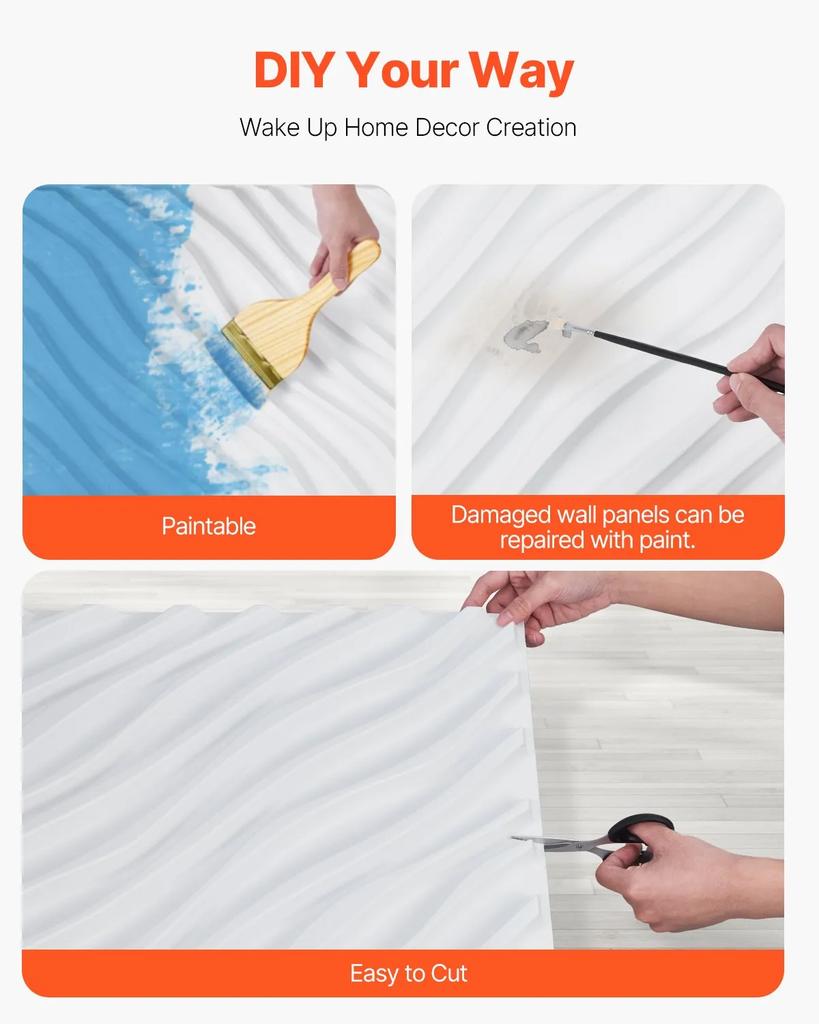 VEVOR 3D Wall Panels, 12-Pack 19.7 X 19.7 In PVC Modern Art Minimalist Wave Tiles, 32 Sq.Ft Coverage Accent Wall Panel