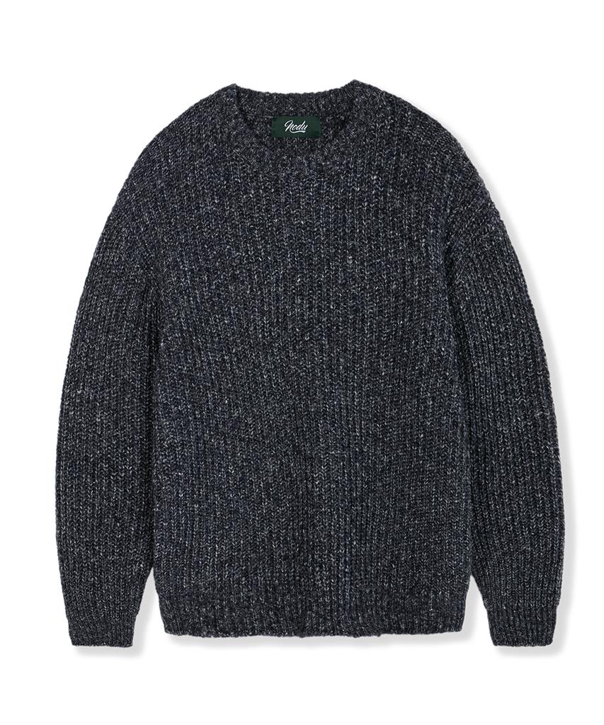 NODU Adn Heathered Hatch Round Semi-Overfit Long Sleeve Knit [Navy]