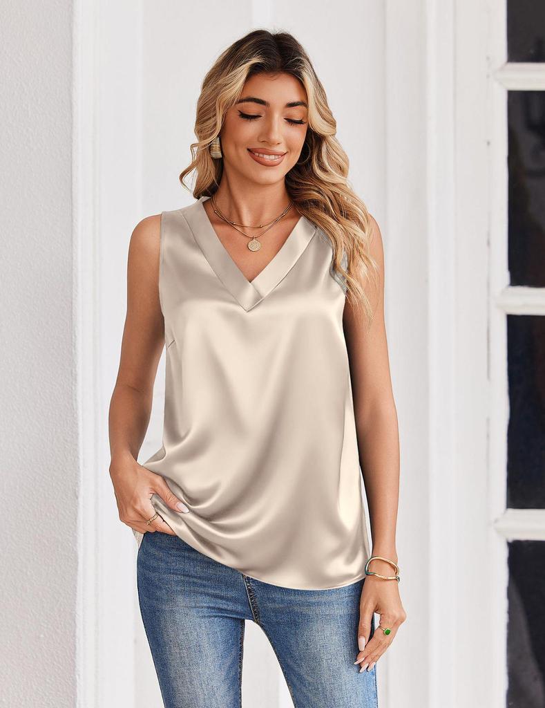 European Summer Women's Satin V-Neck Camisole Sleeveless Top