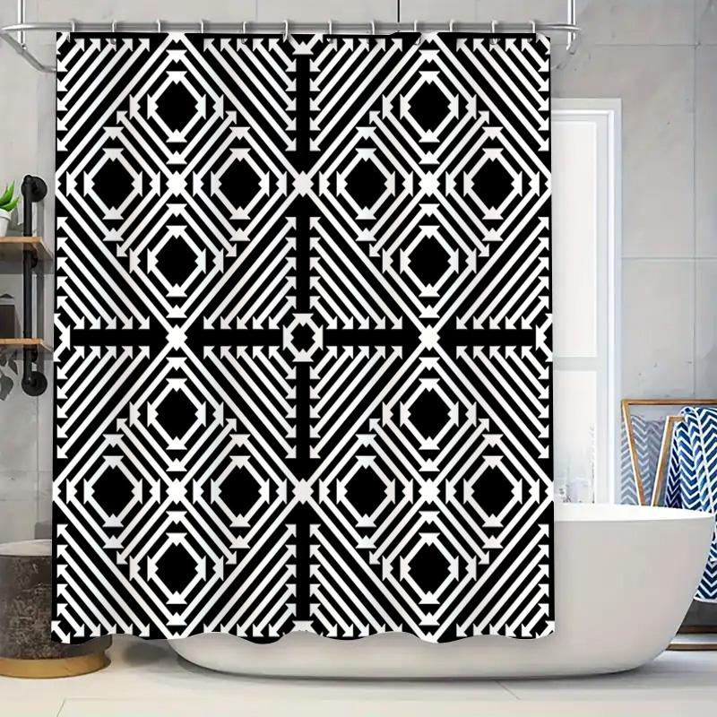 

Black White Geometric Pattern Shower Curtain Waterproof Bathroom Decor Home Decoration 3D Printed Polyester Fabric With Rings W60H190(CM)-1 Pcs