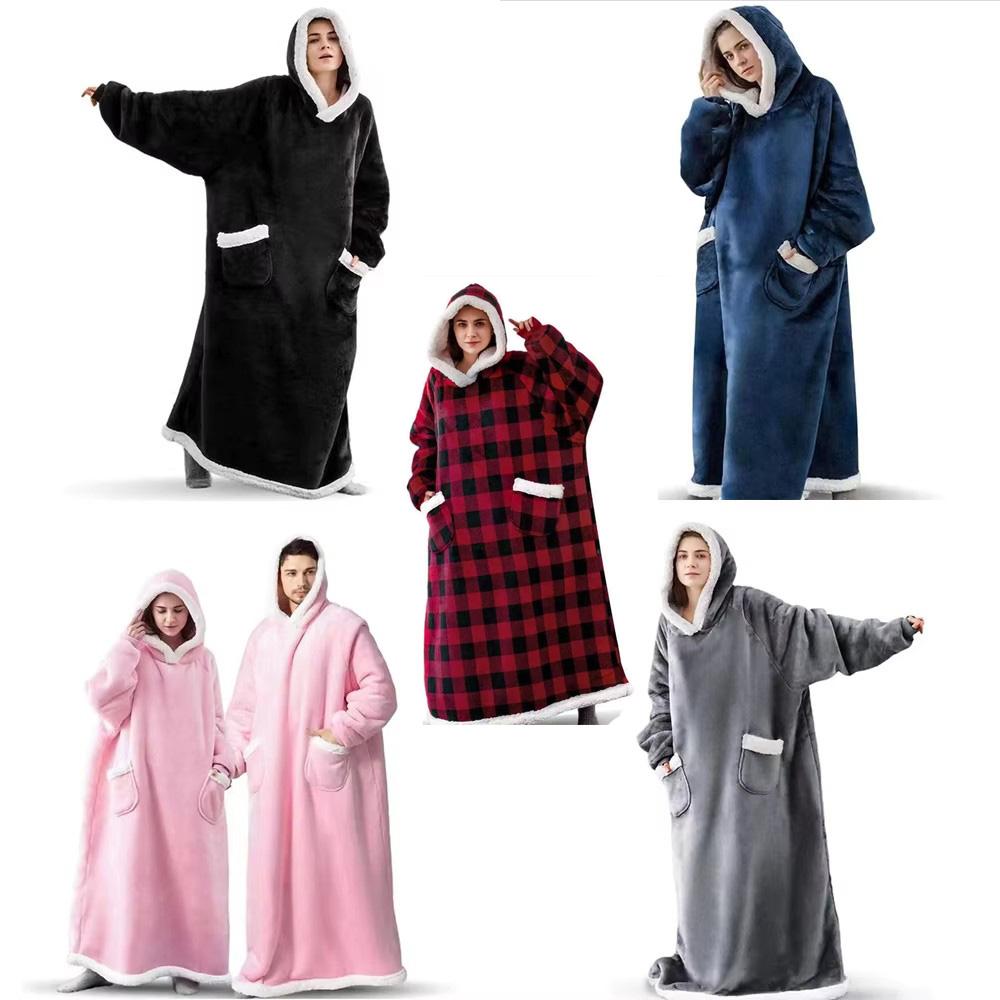 150cm Hooded Pajamas Super Long Flannel Blanket Pyjamas Sleeves Cold Proof Oversized Hoodies Fleece Outdoor Wearable Warm Nightg