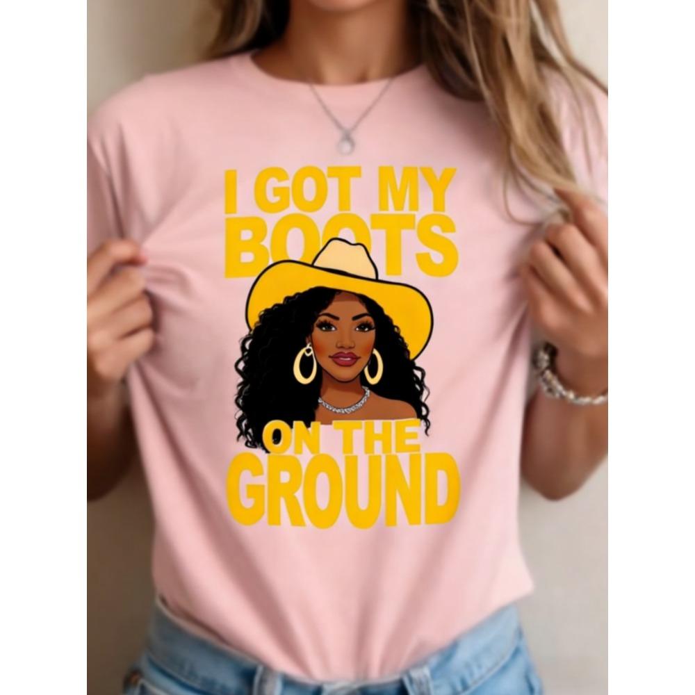 I Got My Boots on The Ground Cartoon Woman Design Ladies Summer White Crew Neck Breathable Short Sleeve Aesthetic Clothes