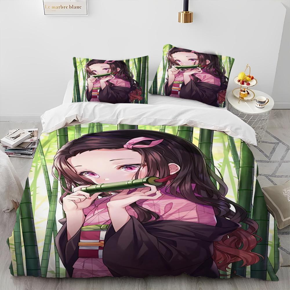 Demon Slayer Bedding Set Kamado Nezuko Duvet Cover Set Bedspread Pillowcase King Queen Full Single Size Bed Linen Kids Teen Gift