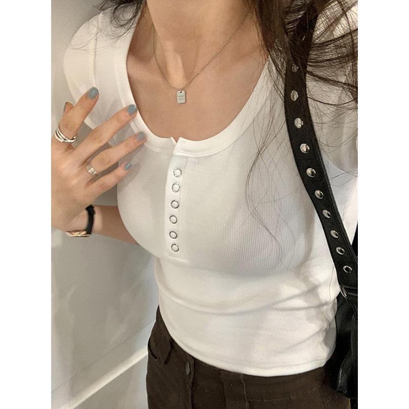 Front Shoulder Short Sleeve T-Shirt Women's Summer Versatile U-Neck High Waist Short Large Neckline Tights