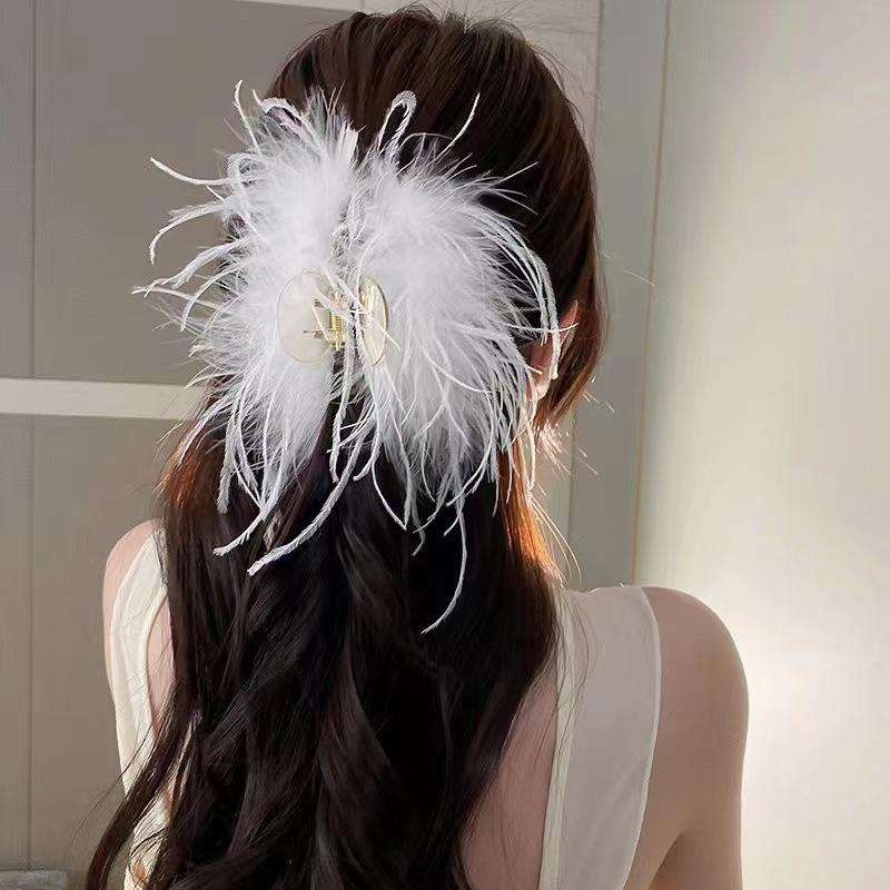 

Заколка для волос из перьев страуса высокого класса для женщин - Пушистая сказочная заколка-акула, аксессуары для головы