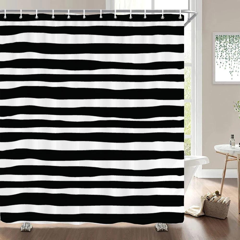1 Pc Black White Geometric Print Polyester Shower Curtain Waterproof Fabric Partition Bathroom Curtain ,Decoration Bath Curtain