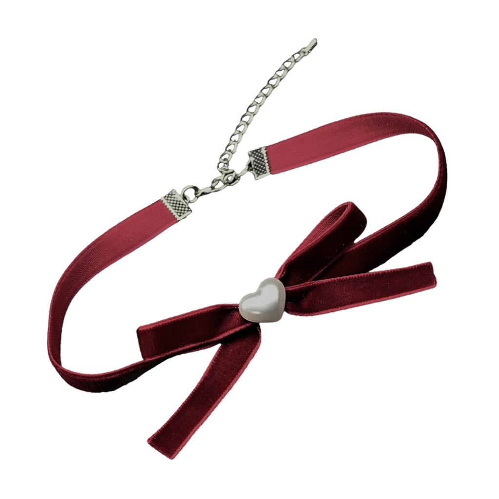 Handmade Bowknot and Pearls Heart Necklace Adjustable Length Clavicle Chain Stylish Velvets Choker Jewelry for Ladies