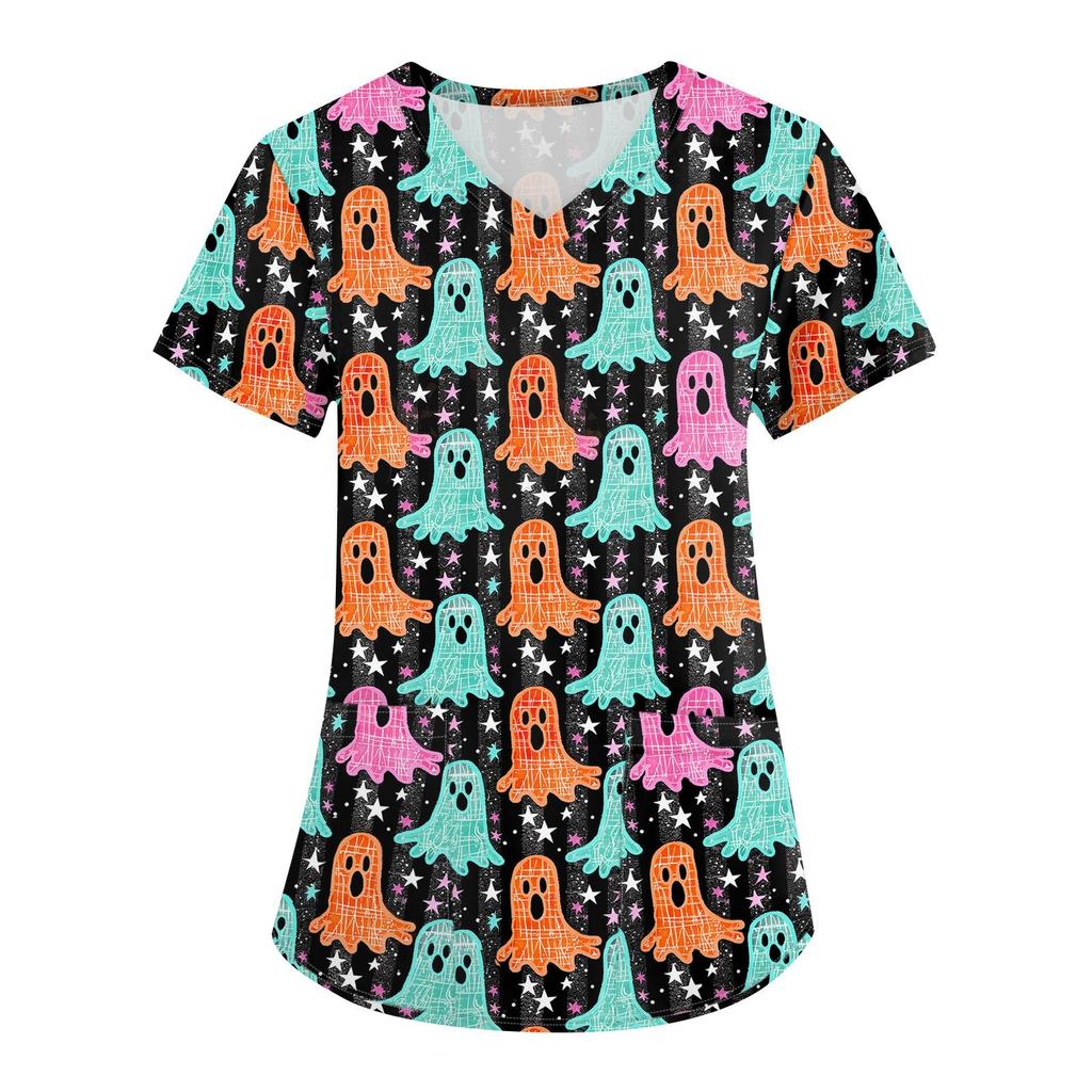 Damen Halloween Print Uniform Arbeitsuniform V-Ausschnitt Tasche Schutz Arbeitsuniform