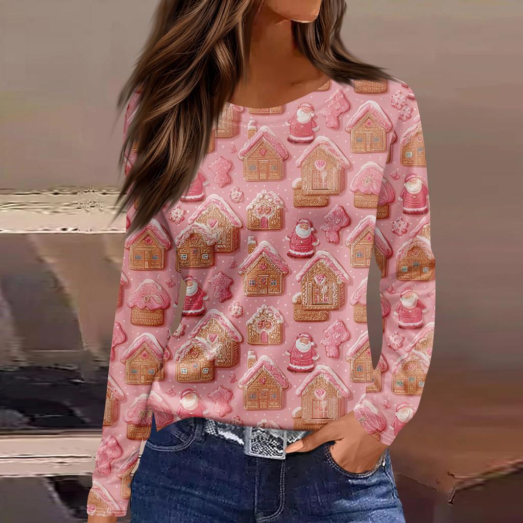 Women's Fashion Hem Slit Casual Christmas Printed Round Neck Long Sleeve Top