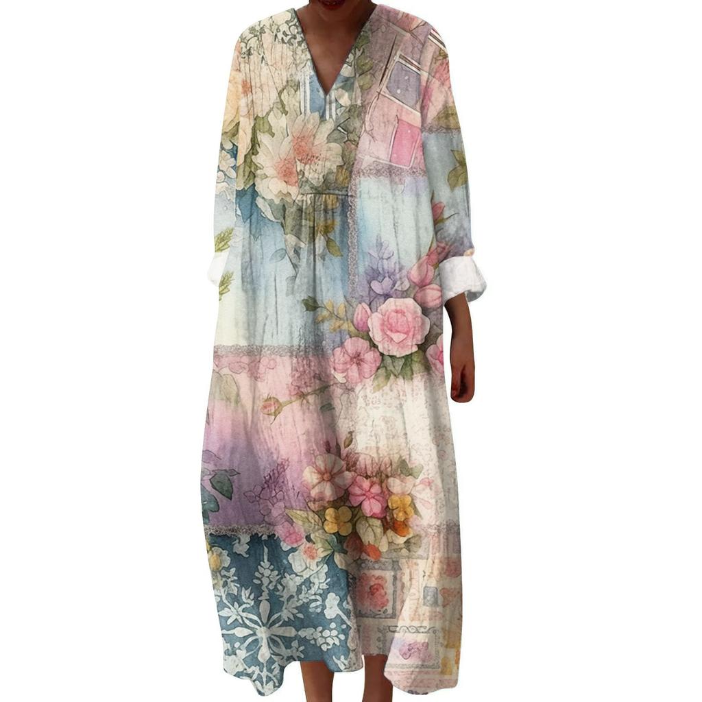 Dámské ležérní a módní šaty s dlouhým rukávem s květinovým potiskem a výstřihem do V šaty s dlouhým rukávem