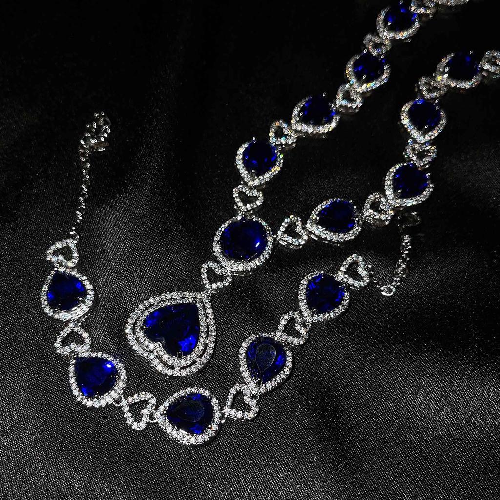 Luxury Micro Diamond Heart Of The Ocean Necklace Imitation Emerald Tanzanite Ruby Bracelet
