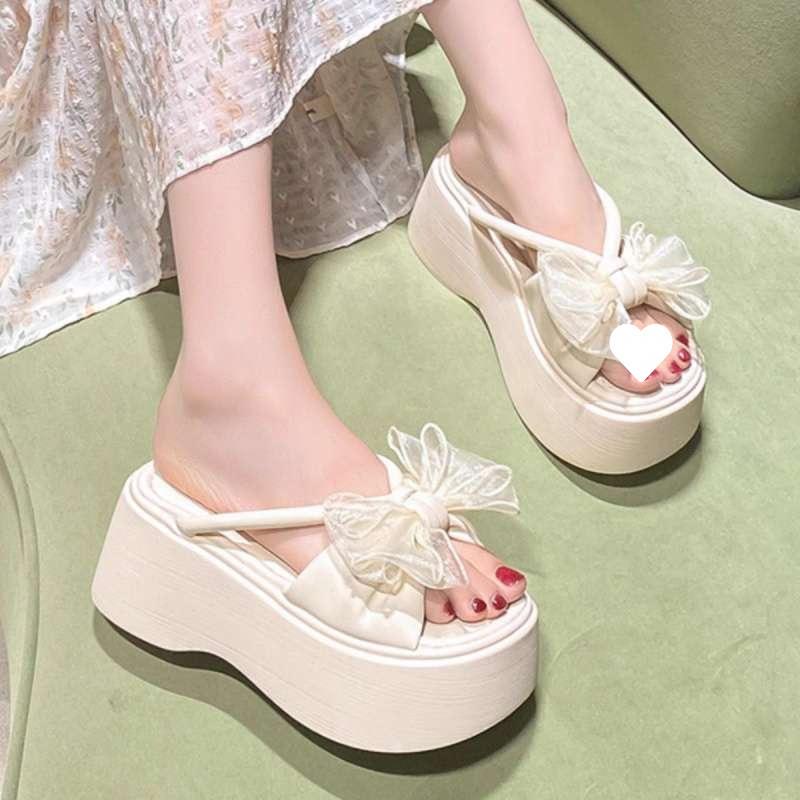 Fairy Wind Bow 6cm Thick Bottom Heightening Muffin Cool Slippers Female 2025 Summer New with Skirt One-word Drag