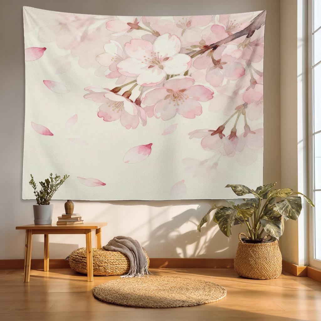 Retro Japanese Cherry Blossom Tapestry, Deep Indigo Flowers Wall Art Hanging Decoration Polyester Fiber White Ruffled Around For
