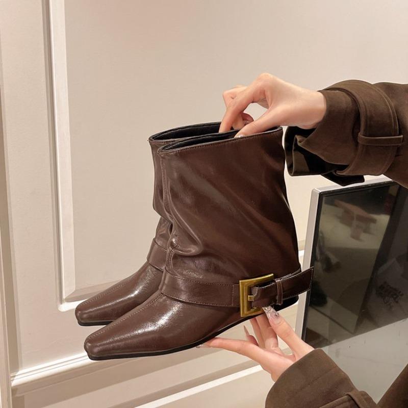 

Belt Buckle Booties Fashion Small Square Toe Sleeve Soft Sole Anti Slip on Resistant Inner Heightening Low Heel 35