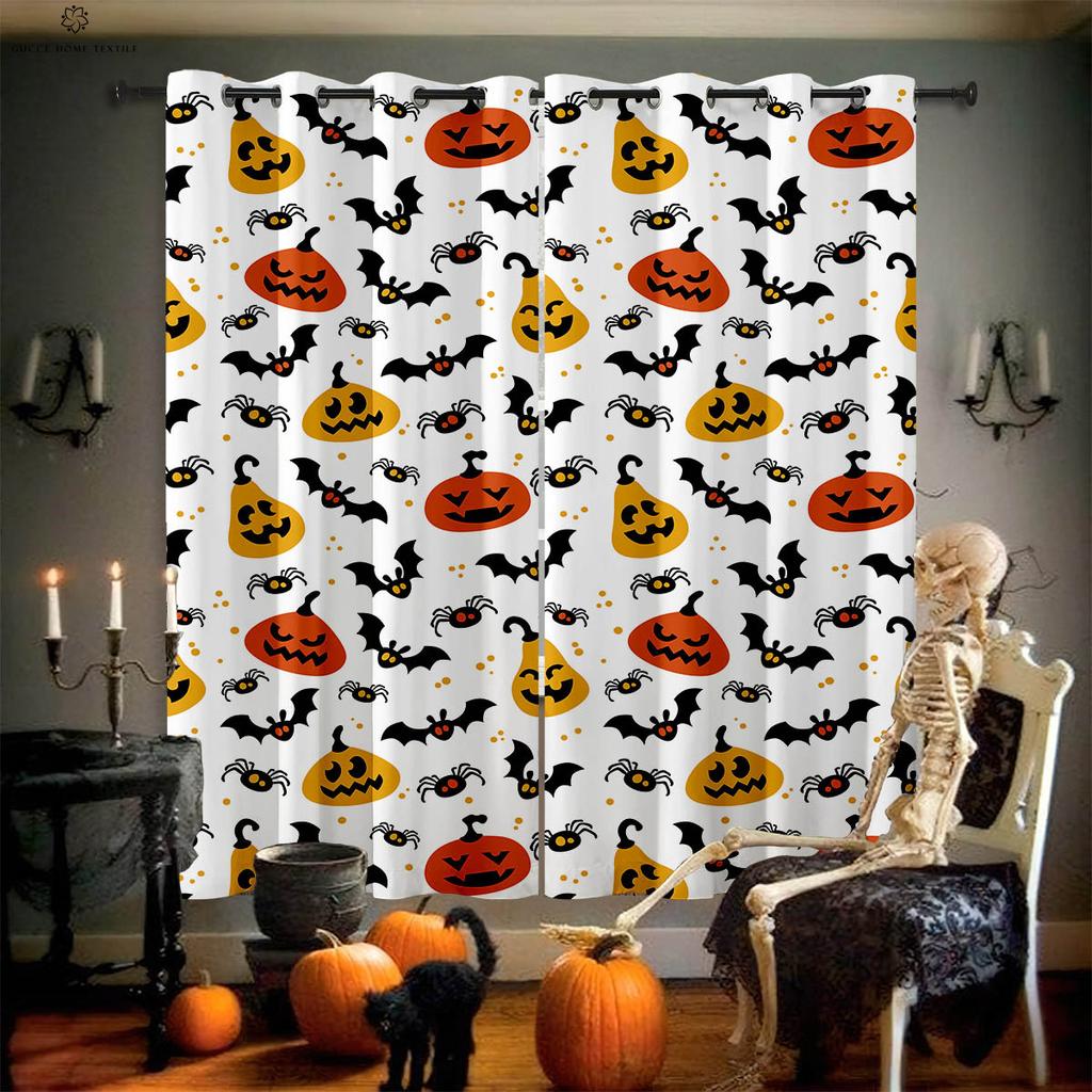 Card Halloween Window Decoration Curtains, Horror Pumpkin Ghost Pattern, Bedroom, Restaurant, Party, 2 Pcs