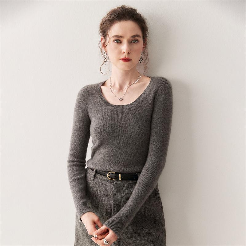 Dames kasjmier trui met U-hals - Geribbelde gebreide slankmakende basislaag voor Herfst/Winter