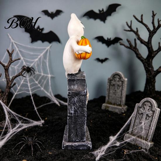 Compact Window Display Items Halloween Tombstone Figurine, Resin Ghost Pumpkin Crow on Retro Haunted House Props Statue for Desktop Holiday