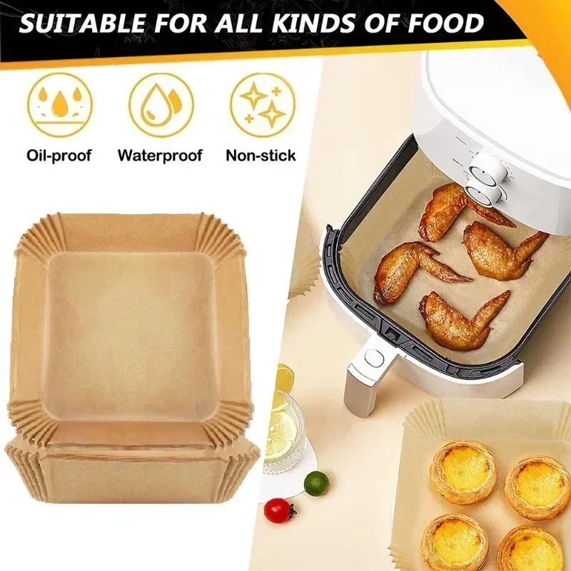 50/100PCS Air Fryer Bakeware Disposable Paper Tray Non-Stick Mat Baked Silicone Paper Square Round Air Fryer Accessories