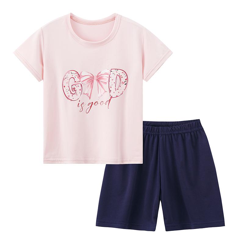 2-Pcs Children's Short-sleeved Shorts Suit Girl Sweet And Lovely Pink Round Neck Shirt Casual Joker Shorts Casual And Comfortabl