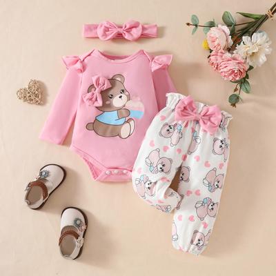 Baby Girl Bear Bow Long Sleeve Bodysuit & Heart Print Pants with Headband Set - Spring/Autumn