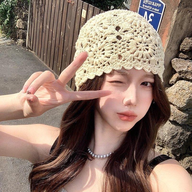 Handmade Crochet Hollow Out Hat Close-Fitting Women's Summer Hollow Out Fashionable Versatile Face-Flattering Korean Style Slouchy Hat Trendy