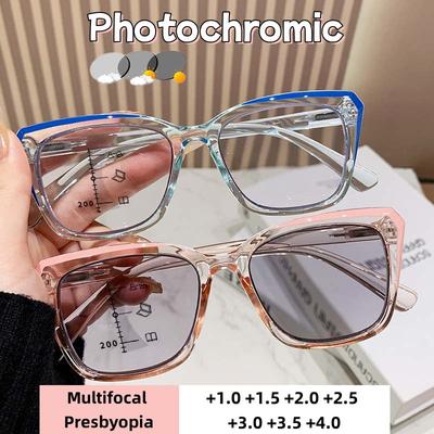Fashionable and Exquisite Cat Eye Photochromic Multifocal Presbyopia Glasses Ultra Light High-definition Anti Blue Light Glasses