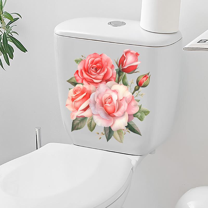 Elegant Pink Rose Toilet Stickers, Waterproof Removable Decals for Bathroom Wall Decor, Self-Adhesive