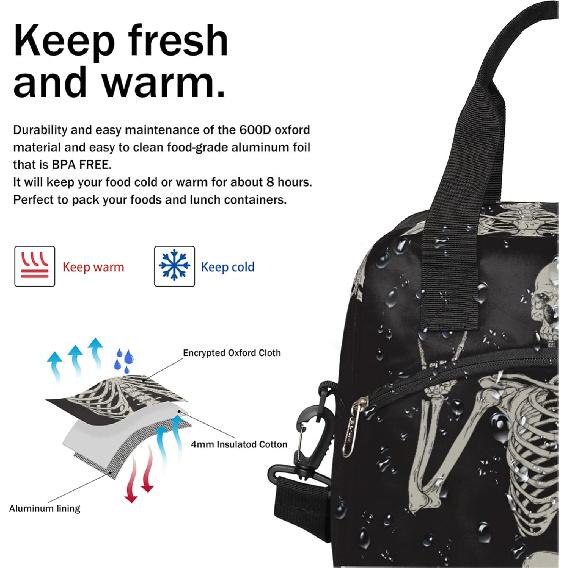 Funny Skull Lunch Bag Tote Bag Leakproof Cooler Bag Insulated Lunch Box with Front Pocket Water-resistant Thermal Lunch Bags with Shoulder Strap for