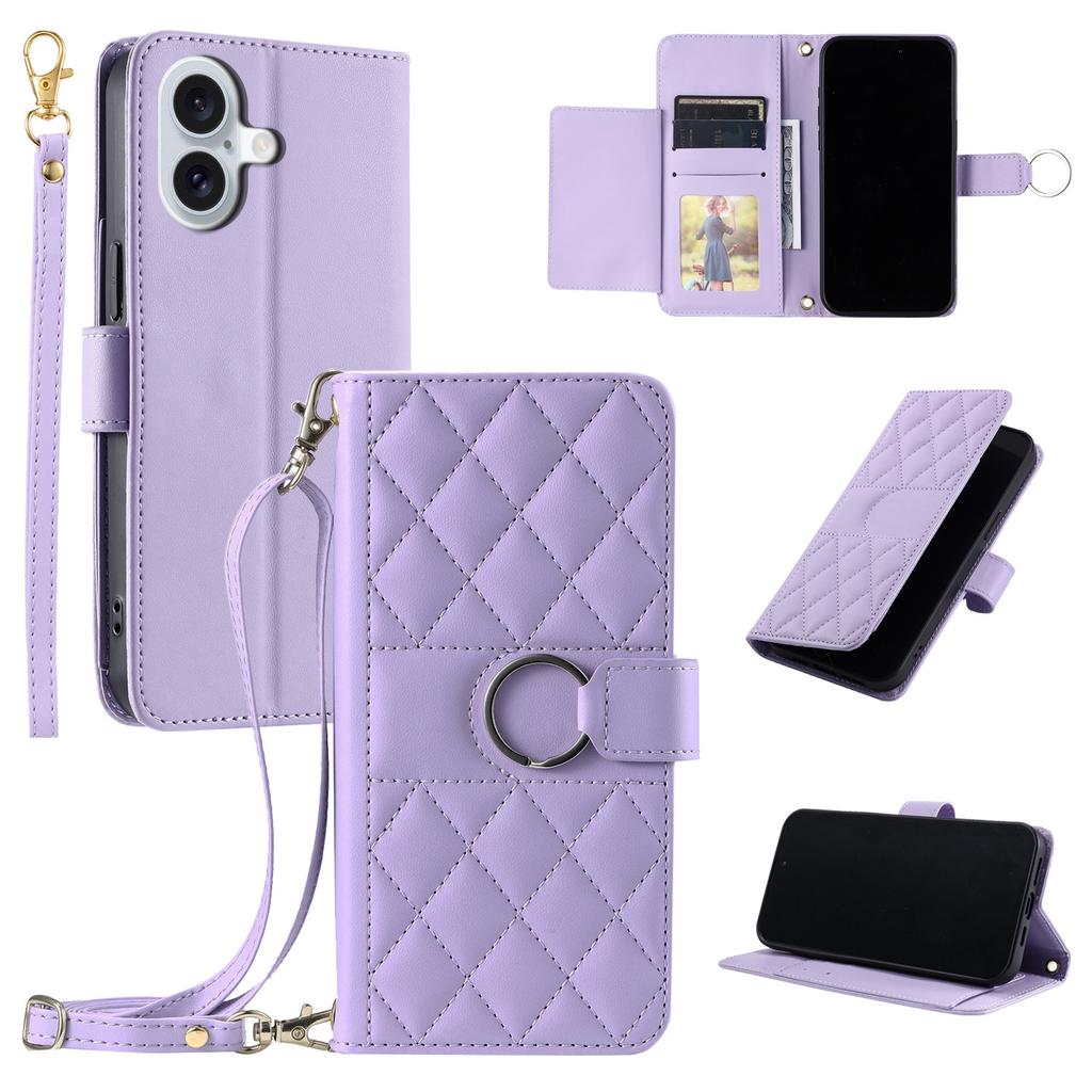 Applicable to iPhone16E multi-functional leather case 17Pro new rhombus small fragrant style card wallet diagonal span portable rope