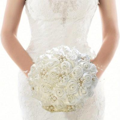 Satin Holding Toss Bridal Wedding Bouquet with Rhinestone Artificial Flowers Bouquet Handmade Satin Rose Bridal Bouquet Wedding Bouquets with Pearls