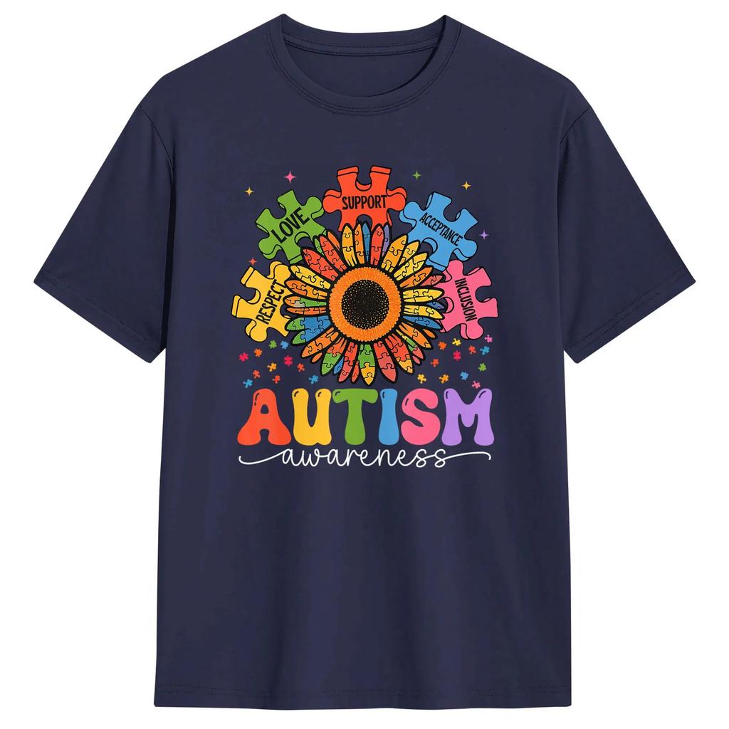 Sunflower Puzzle Respect Love Support Autism T Shirt For Couple Summer T Shirts O Neck Fashion Tees Plus Size Wholesale Clothing