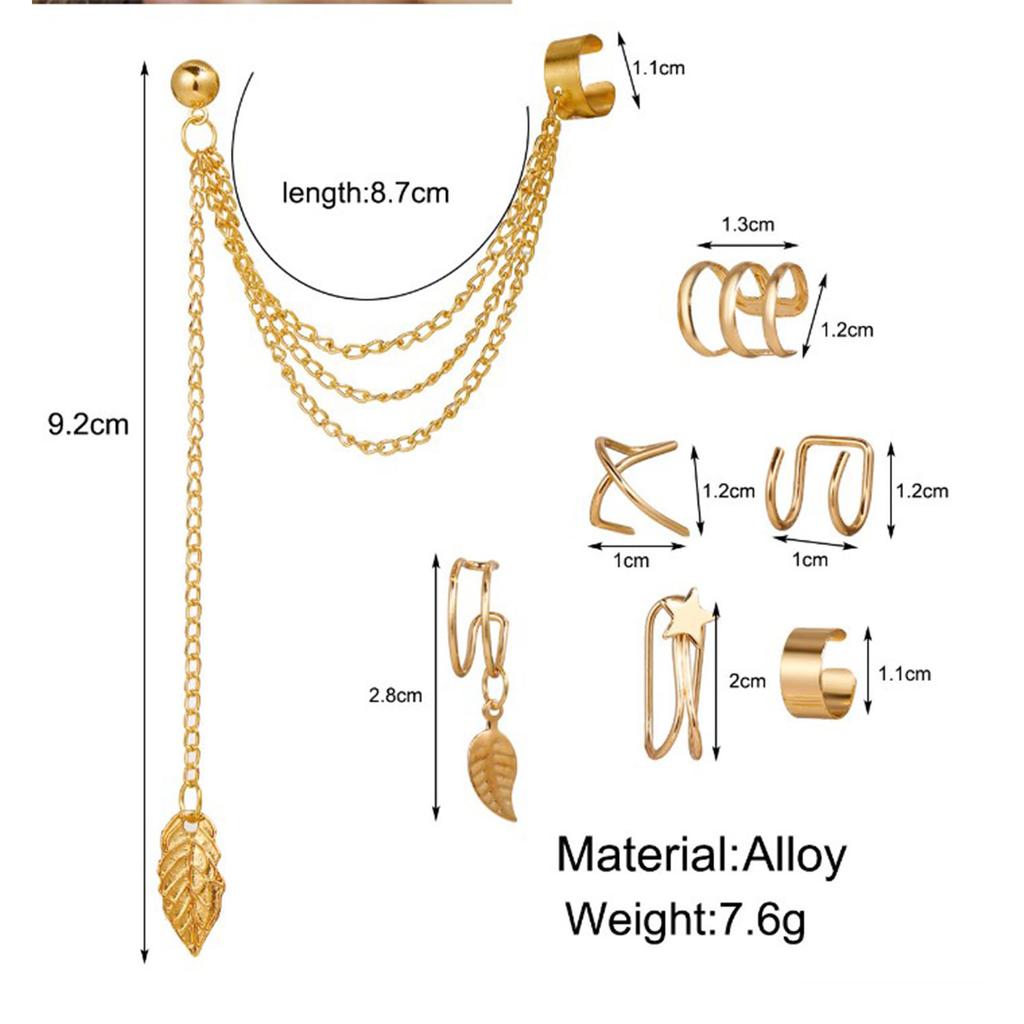 7pcs Ear Cuffs Earrings Women Girls Alloy Stylish Leaf Star Shaped Pendant Clip On Earrings Jewelry Set