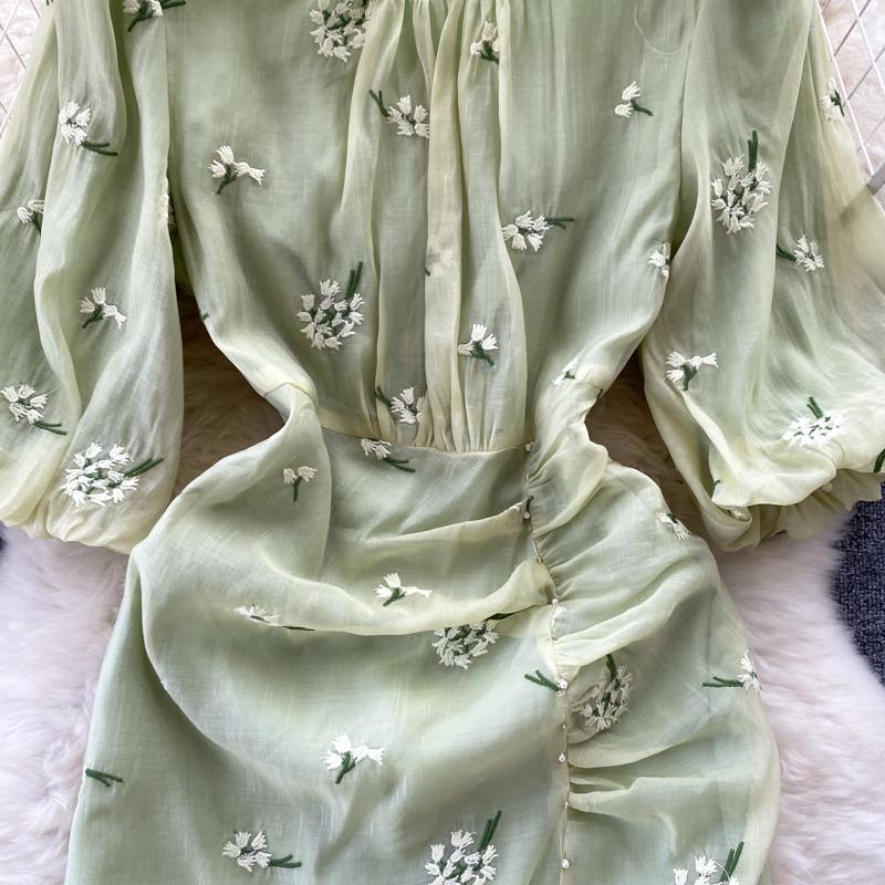 Women Lantern Sleeve Embroidery Flower Mermaid Dress Fashion O-neck Ruffles Slim Bodycon Party Fishtail Dresses