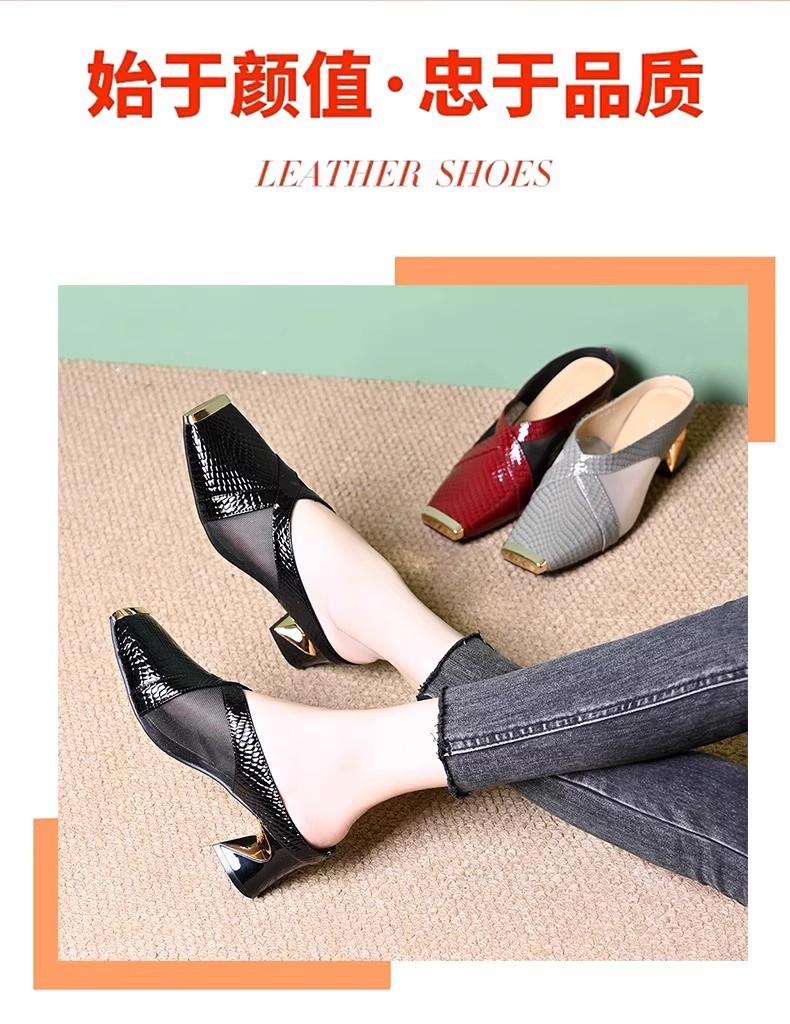 2025 summer new crocodile leather half slippers women's fashion iron head thick heel comfortable versatile high heel outside sandals