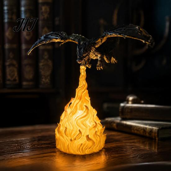 Fine Carving Figurine Dragon Bookshelf Nook Light, Fire-Breathing Fantasy Shelf Decor, LED Modern Interior Ornament Night Lamp for Bedroom Living Room