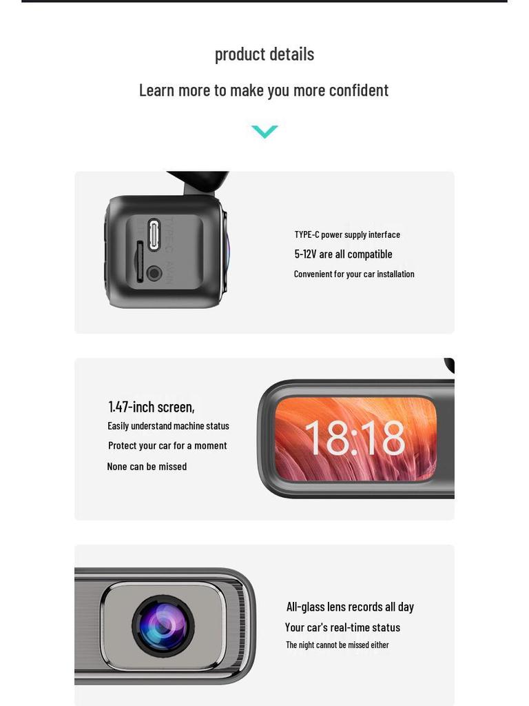 HD Dual-Use Dashcam mit 1,47"-Bildschirm und verstecktem Parküberwachungsmodus