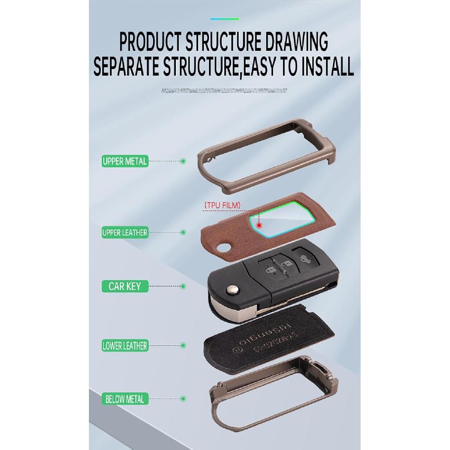 SANRILY PU Leather+Zinc Alloy 3/4 Button Remote Flip Key Fob Cover Compatible with Mazda 5 2 3 6 CX-7 CX-9 RX-8 Keyless Key Holder with Keychain